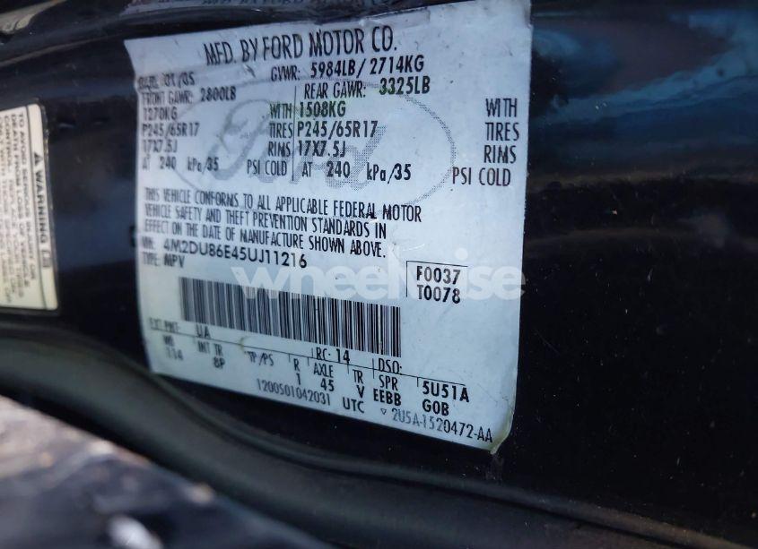 Photo 9 of 2005 Mercury Mountaineer N/A (VIN 4M2DU86E45UJ11216)