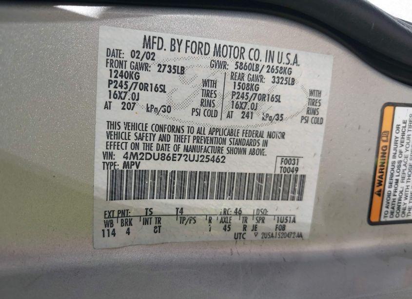 Photo 9 of 2002 Mercury Mountaineer N/A (VIN 4M2DU86E72UJ25462)