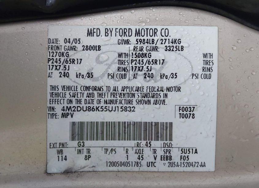 Photo 9 of 2005 Mercury Mountaineer N/A (VIN 4M2DU86K55UJ15832)