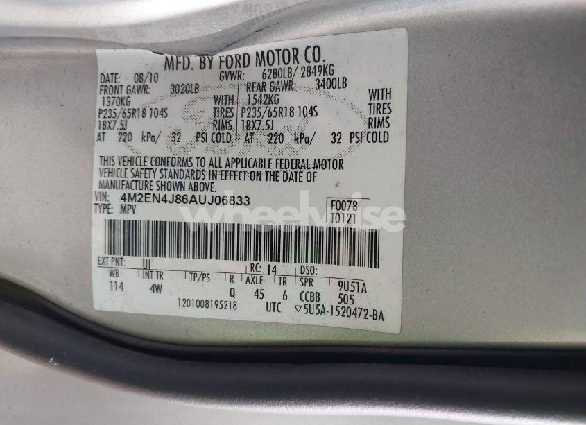 Photo 9 of 2010 Mercury Mountaineer PREMIER (VIN 4M2EN4J86AUJ06833)