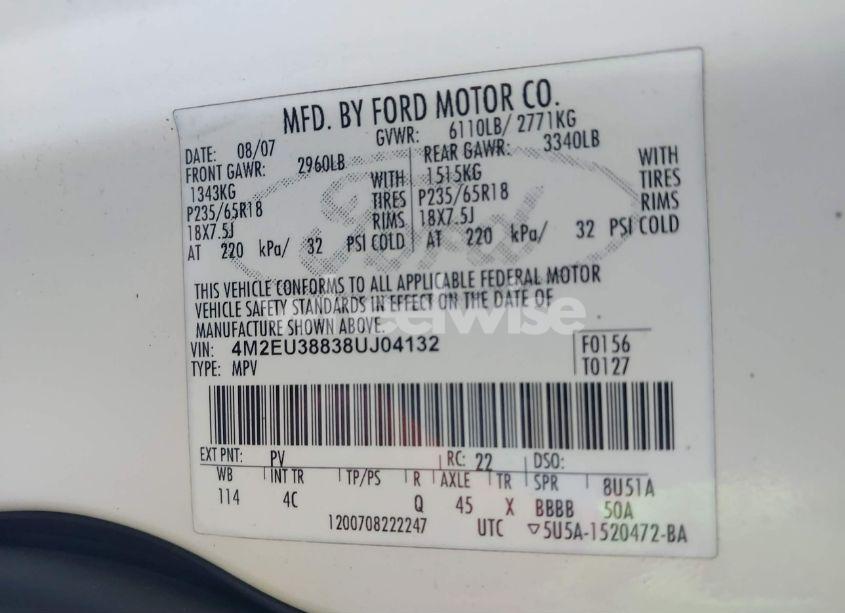 Photo 9 of 2008 Mercury Mountaineer PREMIER (VIN 4M2EU38838UJ04132)