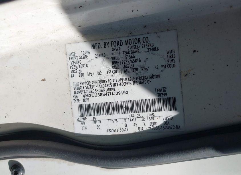 Photo 9 of 2007 Mercury Mountaineer PREMIER (VIN 4M2EU38847UJ09192)