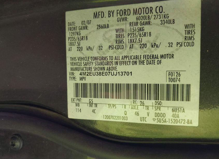 Photo 9 of 2007 Mercury Mountaineer PREMIER (VIN 4M2EU38E07UJ13701)