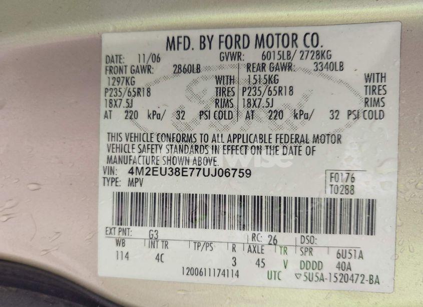 Photo 9 of 2007 Mercury Mountaineer PREMIER (VIN 4M2EU38E77UJ06759)