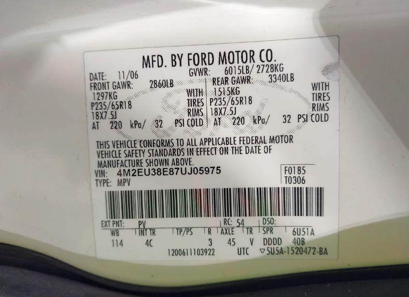 Photo 9 of 2007 Mercury Mountaineer PREMIER (VIN 4M2EU38E87UJ05975)