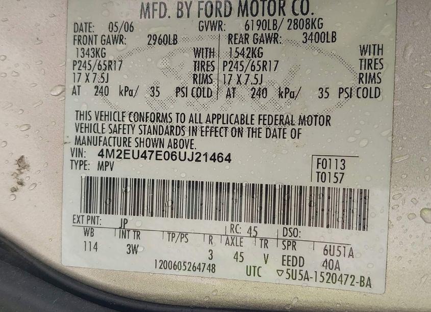 Photo 9 of 2006 Mercury Mountaineer LUXURY (VIN 4M2EU47E06UJ21464)