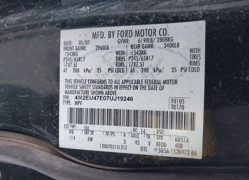 Photo 9 of 2007 Mercury Mountaineer N/A (VIN 4M2EU47E07UJ19246)