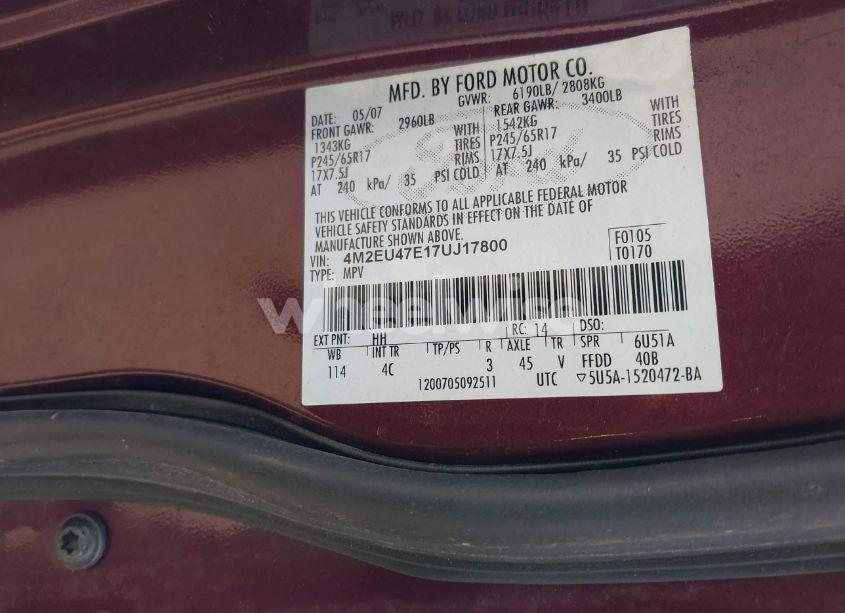 Photo 9 of 2007 Mercury Mountaineer N/A (VIN 4M2EU47E17UJ17800)