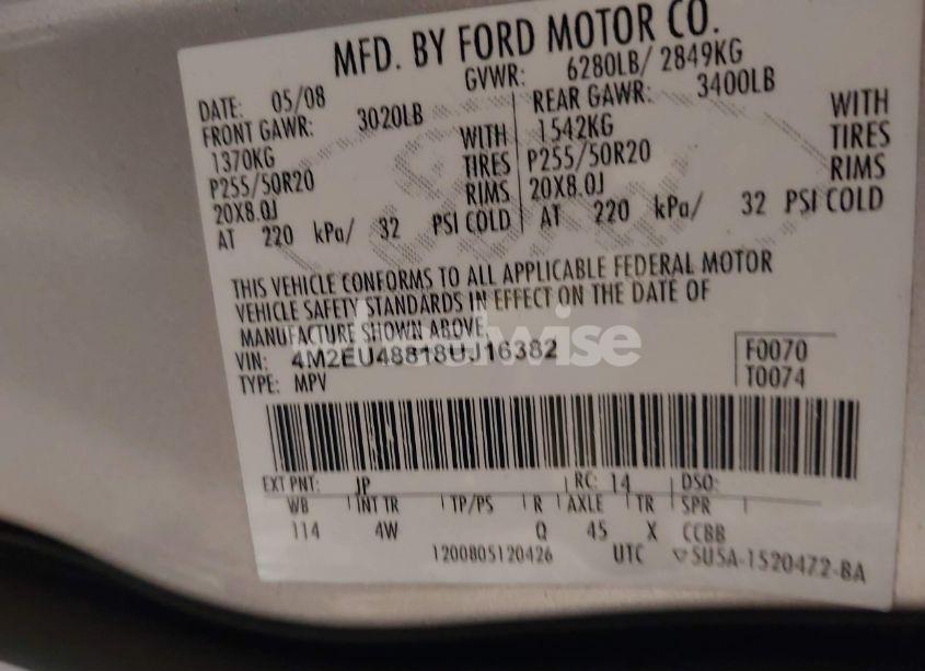 Photo 9 of 2008 Mercury Mountaineer PREMIER (VIN 4M2EU48818UJ16382)