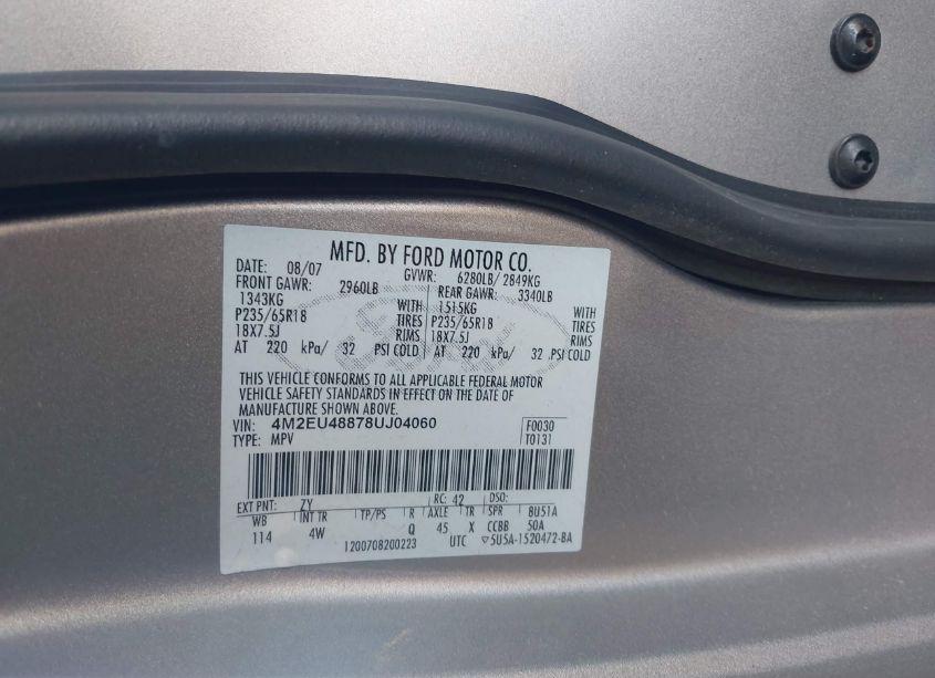 Photo 9 of 2008 Mercury Mountaineer PREMIER (VIN 4M2EU48878UJ04060)