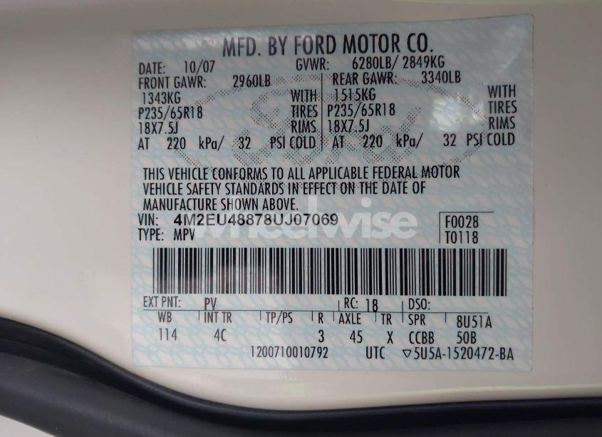 Photo 9 of 2008 Mercury Mountaineer PREMIER (VIN 4M2EU48878UJ07069)