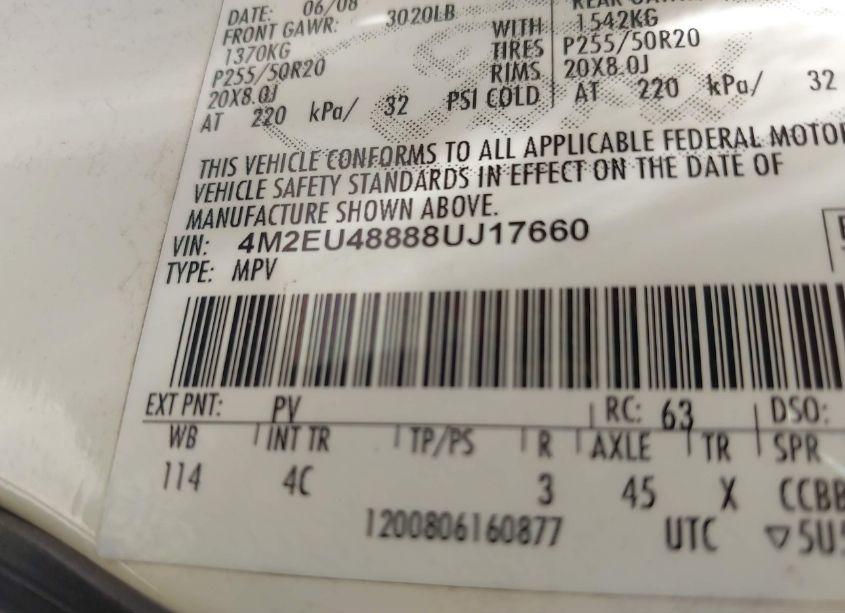 Photo 9 of 2008 Mercury Mountaineer PREMIER (VIN 4M2EU48888UJ17660)