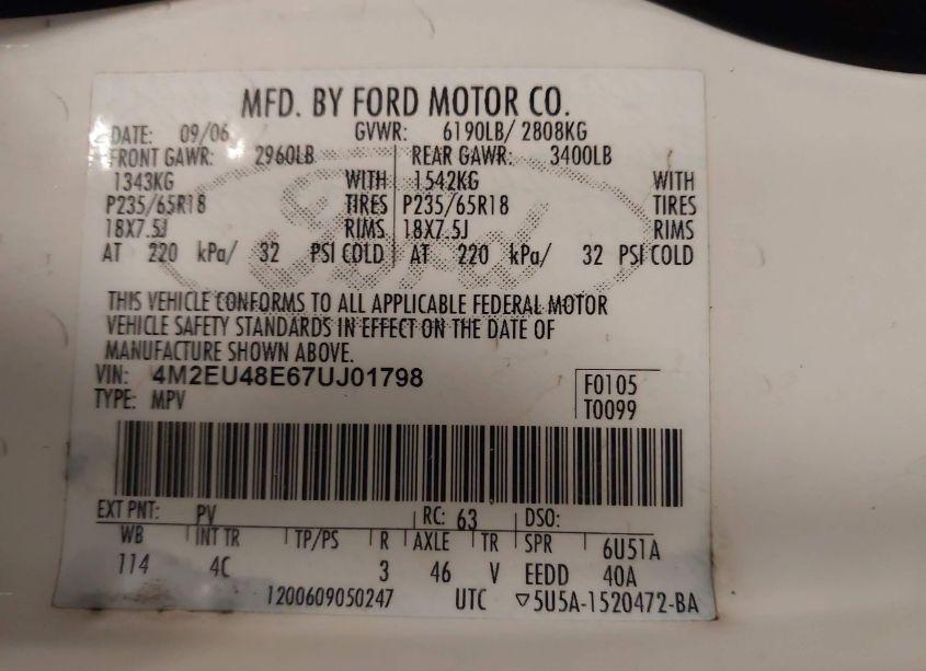 Photo 9 of 2007 Mercury Mountaineer PREMIER (VIN 4M2EU48E67UJ01798)