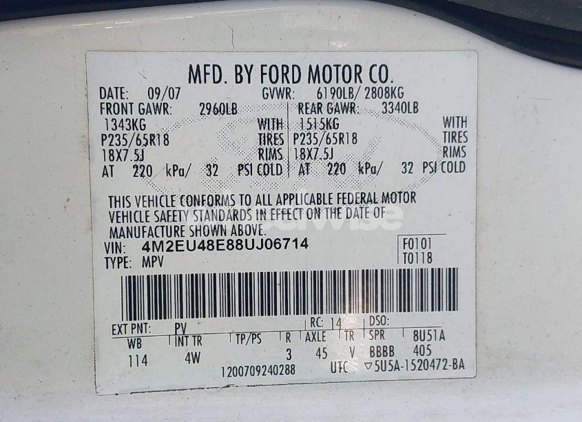 Photo 9 of 2008 Mercury Mountaineer PREMIER (VIN 4M2EU48E88UJ06714)