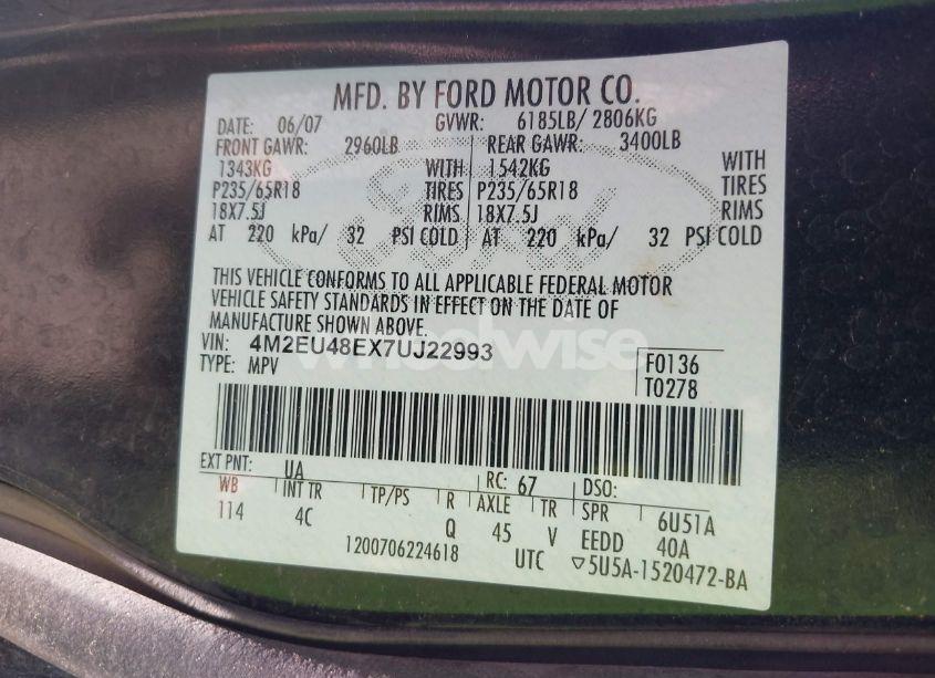 Photo 9 of 2007 Mercury Mountaineer PREMIER (VIN 4M2EU48EX7UJ22993)