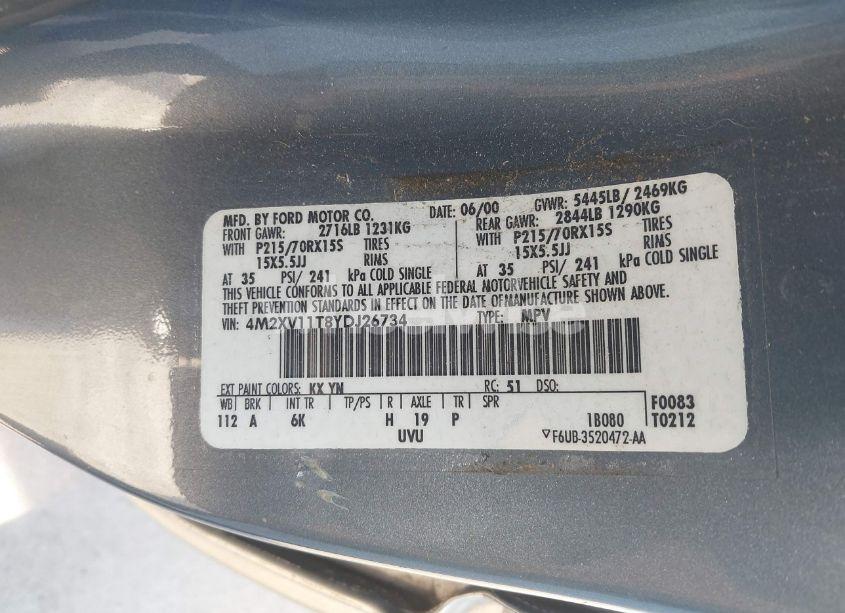 Photo 9 of 2000 Mercury Villager N/A (VIN 4M2XV11T8YDJ26734)