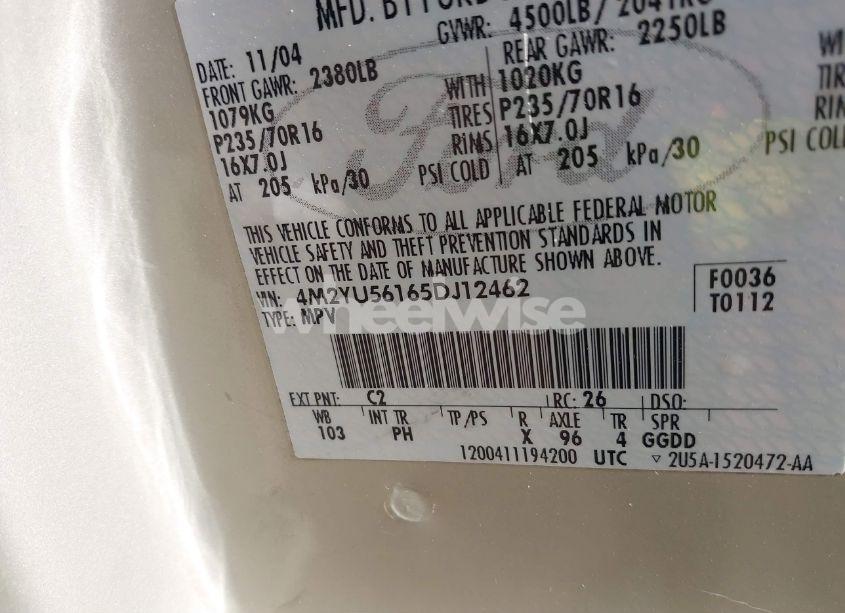 Photo 9 of 2005 Mercury Mariner LUXURY/PREMIER (VIN 4M2YU56165DJ12462)