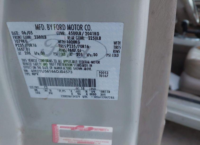 Photo 9 of 2006 Mercury Mariner LUXURY/PREMIER (VIN 4M2YU56166DJ04573)