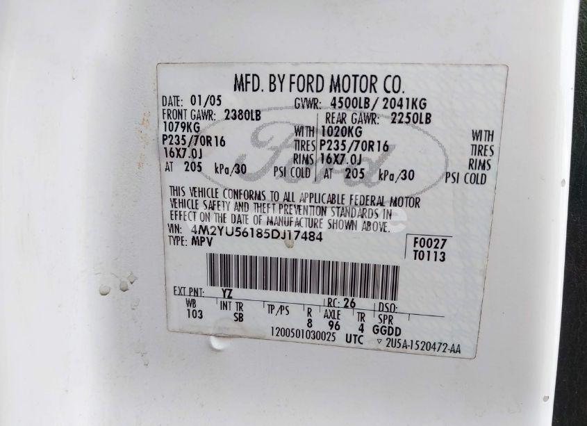 Photo 9 of 2005 Mercury Mariner LUXURY/PREMIER (VIN 4M2YU56185DJ17484)