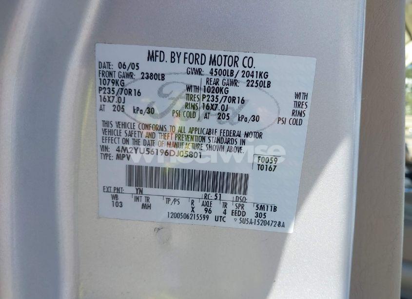 Photo 9 of 2006 Mercury Mariner LUXURY/PREMIER (VIN 4M2YU56196DJ05801)