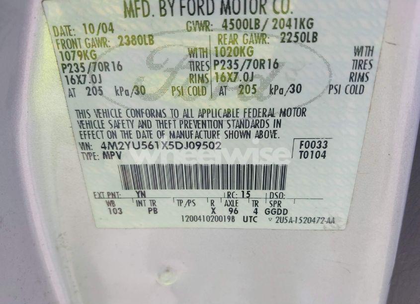 Photo 9 of 2005 Mercury Mariner LUXURY/PREMIER (VIN 4M2YU561X5DJ09502)