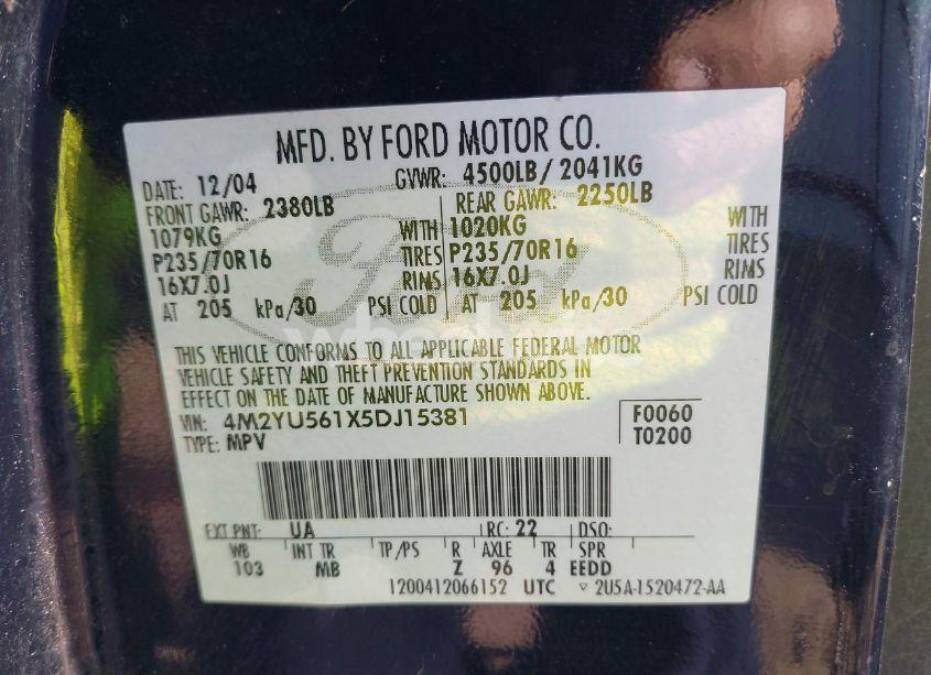 Photo 9 of 2005 Mercury Mariner LUXURY/PREMIER (VIN 4M2YU561X5DJ15381)