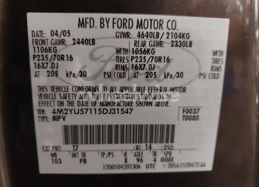 Photo 9 of 2005 Mercury Mariner LUXURY/PREMIER (VIN 4M2YU57115DJ31547)