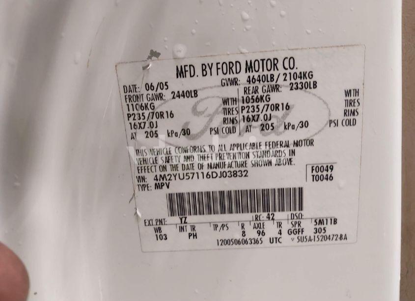 Photo 9 of 2006 Mercury Mariner LUXURY/PREMIER (VIN 4M2YU57116DJ03832)