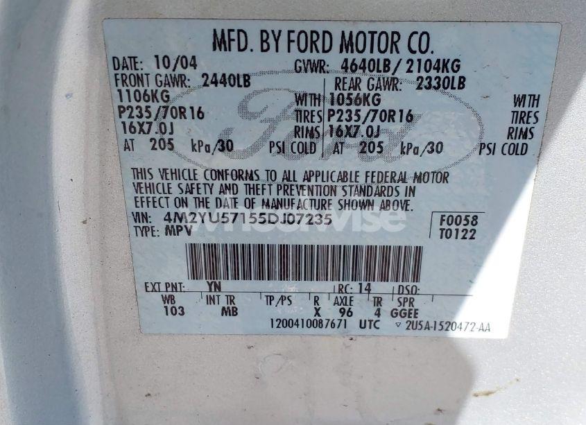 Photo 9 of 2005 Mercury Mariner LUXURY/PREMIER (VIN 4M2YU57155DJ07235)