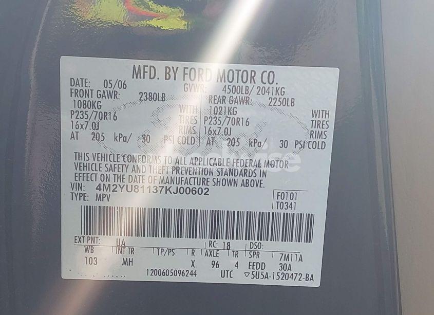 Photo 9 of 2007 Mercury Mariner LUXURY (VIN 4M2YU81137KJ00602)