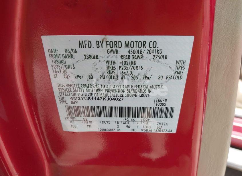 Photo 9 of 2007 Mercury Mariner LUXURY (VIN 4M2YU81147KJ04027)