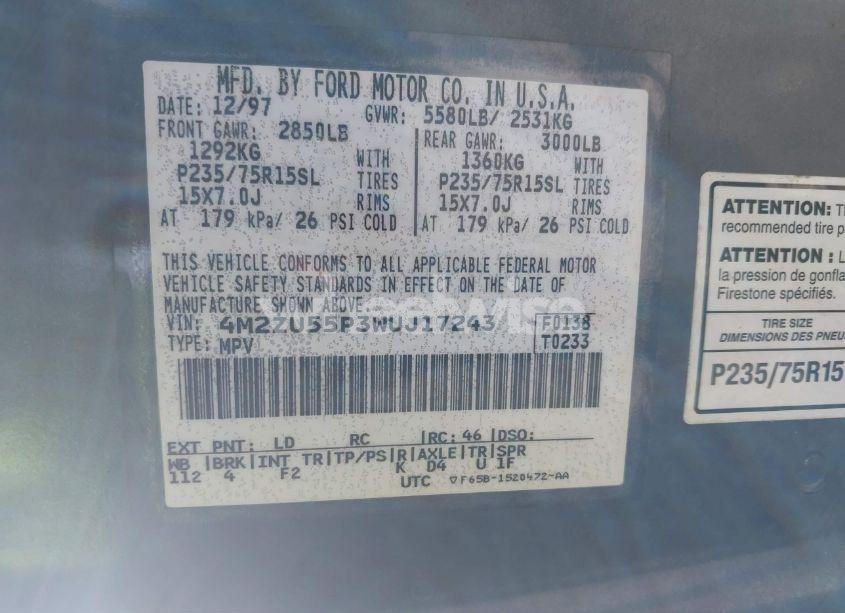 Photo 9 of 1998 Mercury Mountaineer N/A (VIN 4M2ZU55P3WUJ17243)