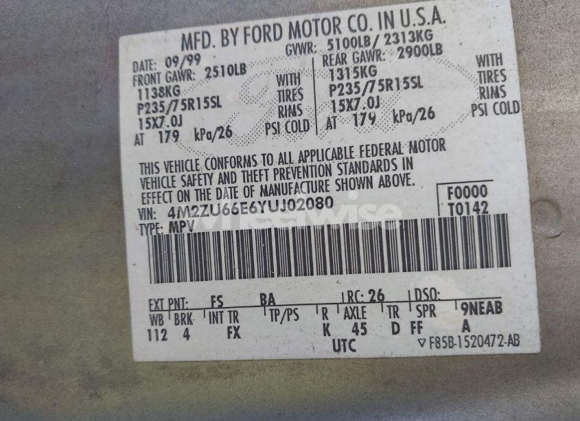 Photo 9 of 2000 Mercury Mountaineer N/A (VIN 4M2ZU66E6YUJ02080)