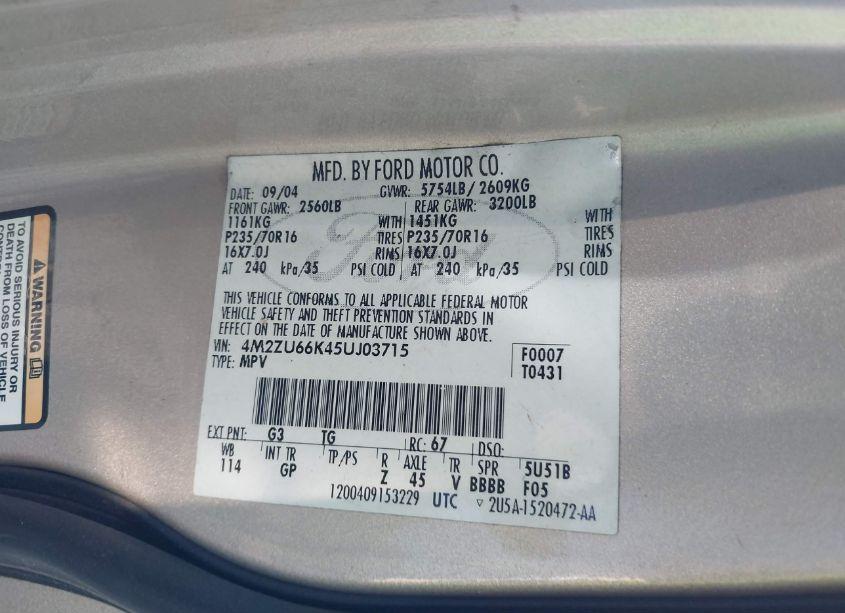 Photo 9 of 2005 Mercury Mountaineer N/A (VIN 4M2ZU66K45UJ03715)