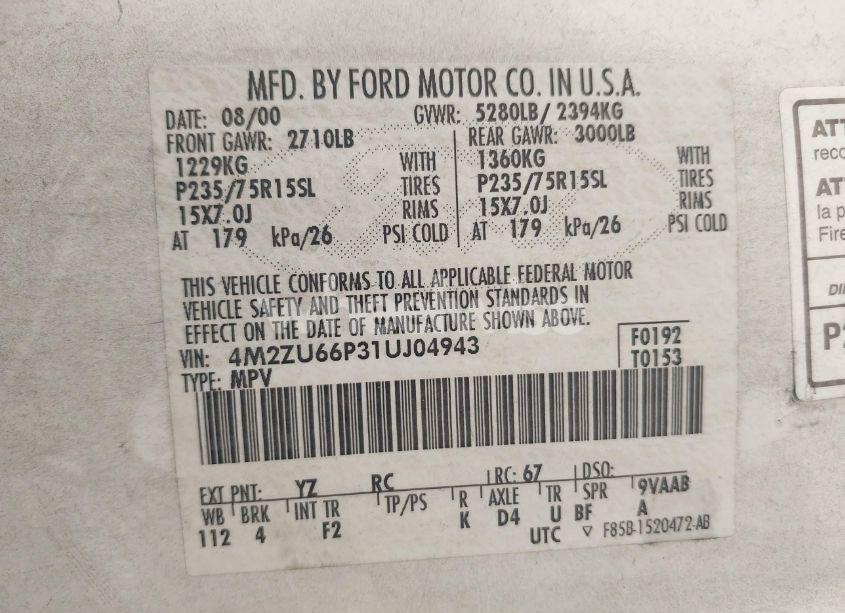 Photo 9 of 2001 Mercury Mountaineer N/A (VIN 4M2ZU66P31UJ04943)