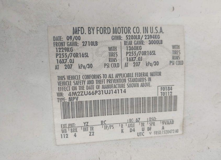 Photo 9 of 2001 Mercury Mountaineer N/A (VIN 4M2ZU66P31UJ14114)