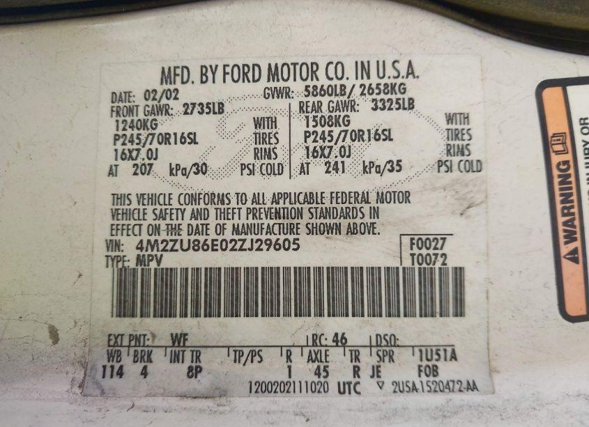 Photo 9 of 2002 Mercury Mountaineer N/A (VIN 4M2ZU86E02ZJ29605)