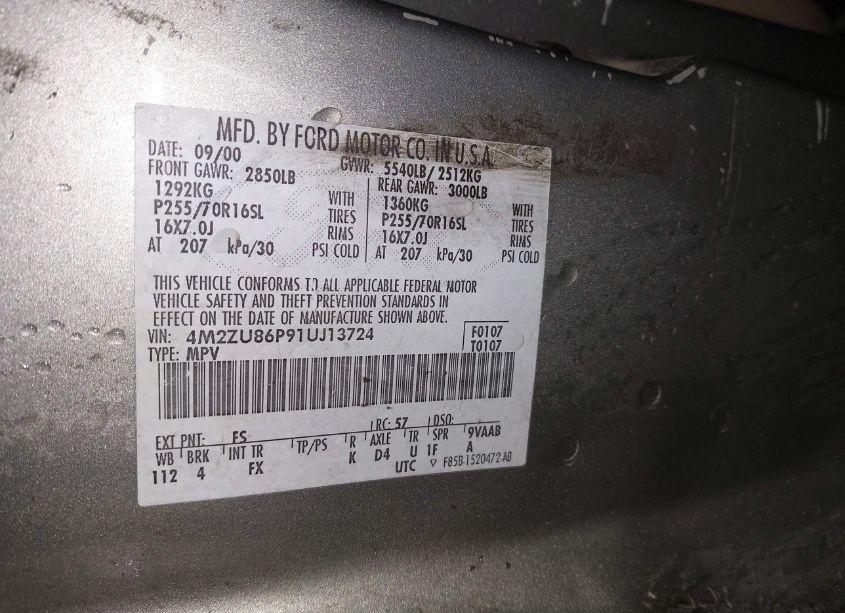 Photo 9 of 2001 Mercury Mountaineer N/A (VIN 4M2ZU86P91UJ13724)