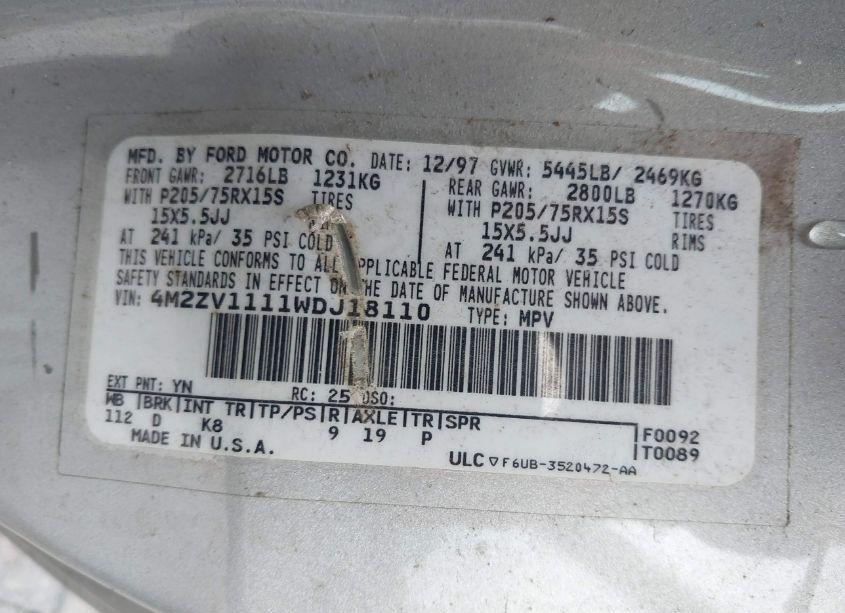 Photo 9 of 1998 Mercury Villager GS/LS/NAUTICA (VIN 4M2ZV1111WDJ18110)