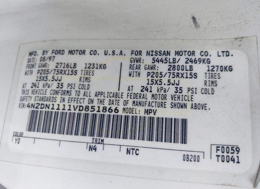 Photo 9 of 1997 Nissan Quest GXE/XE (VIN 4N2DN1111VD851866)