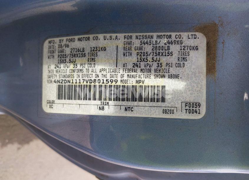 Photo 9 of 1997 Nissan Quest GXE/XE (VIN 4N2DN1117VD801599)