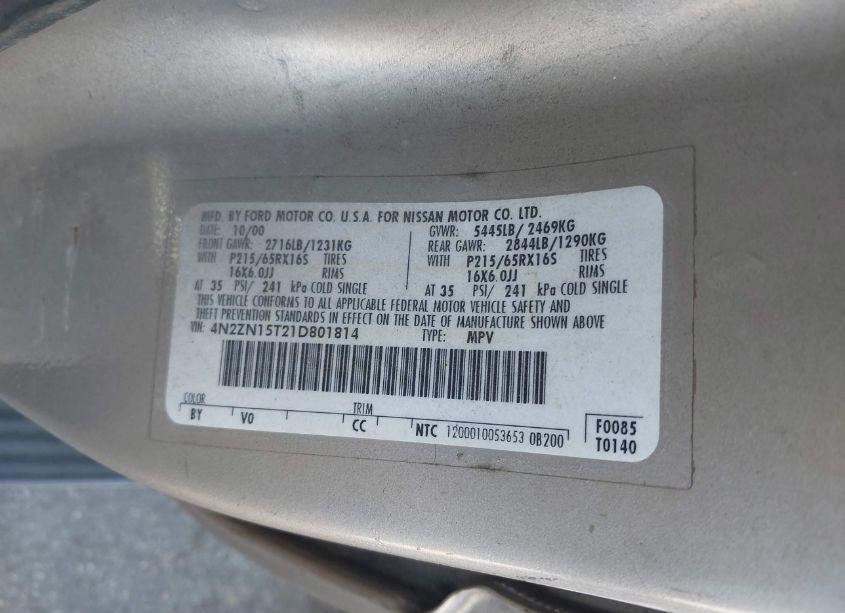 Photo 9 of 2001 Nissan Quest GXE (VIN 4N2ZN15T21D801814)