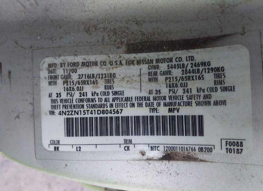 Photo 9 of 2001 Nissan Quest GXE (VIN 4N2ZN15T41D804567)