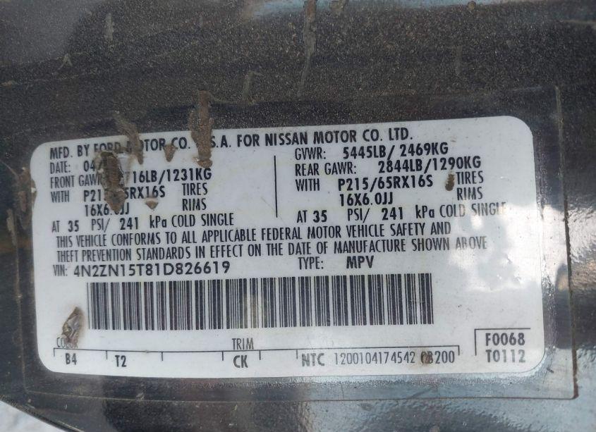 Photo 9 of 2001 Nissan Quest GXE (VIN 4N2ZN15T81D826619)