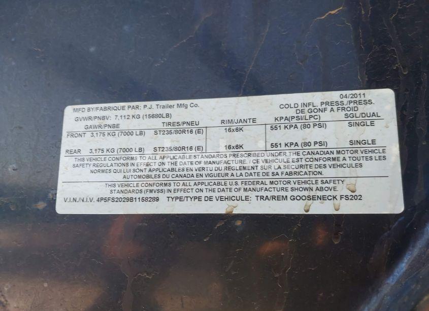 Photo 9 of 2011 Pj Trailers PJ TRAILERS (VIN 4P5FS2029B1158289)