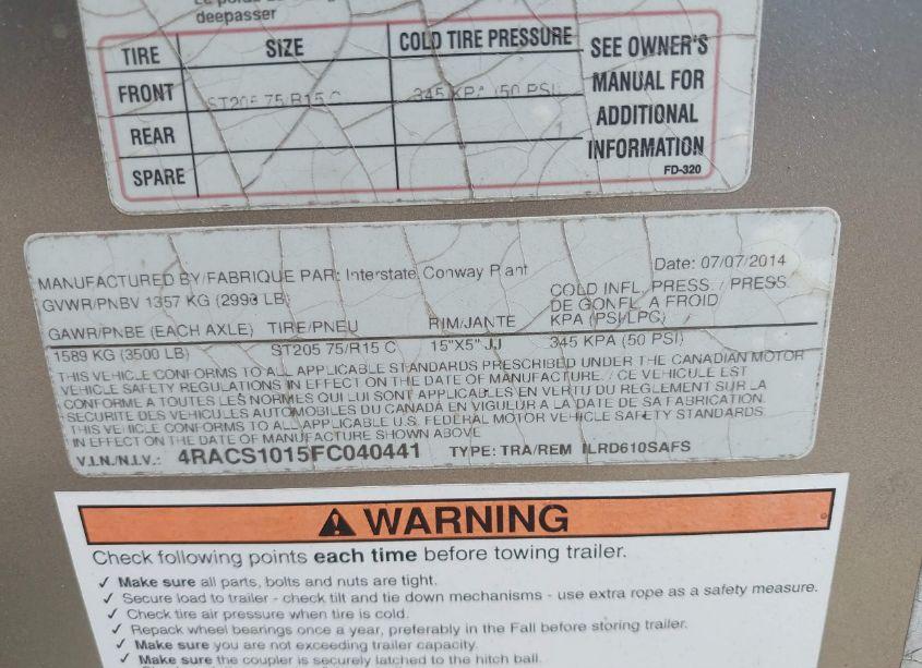 Photo 9 of 2015 Interstate West CORP INTERSTATE WEST CORP (VIN 4RACS1015FC040441)