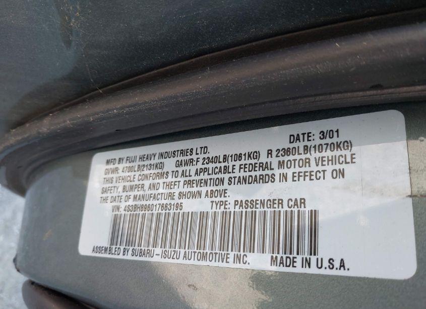 Photo 9 of 2001 Subaru Outback H6-3.0 (VIN 4S3BH896017663195)