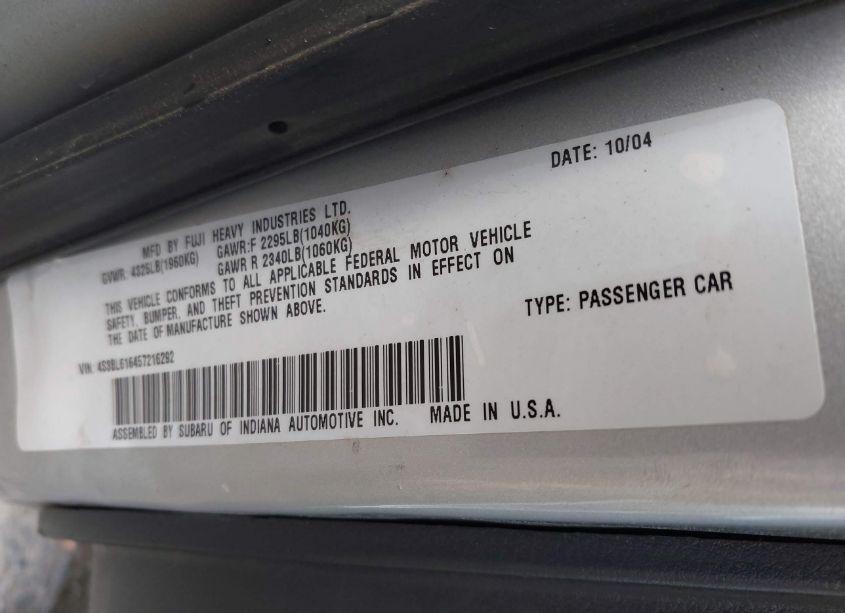 Photo 9 of 2005 Subaru Legacy 2.5I (VIN 4S3BL616457216292)