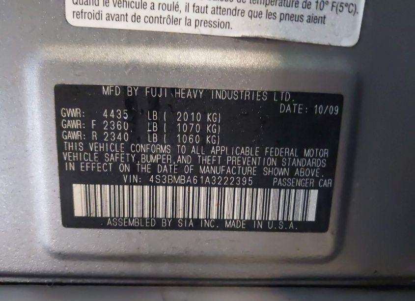 Photo 9 of 2010 Subaru Legacy 2.5I (VIN 4S3BMBA61A3222395)