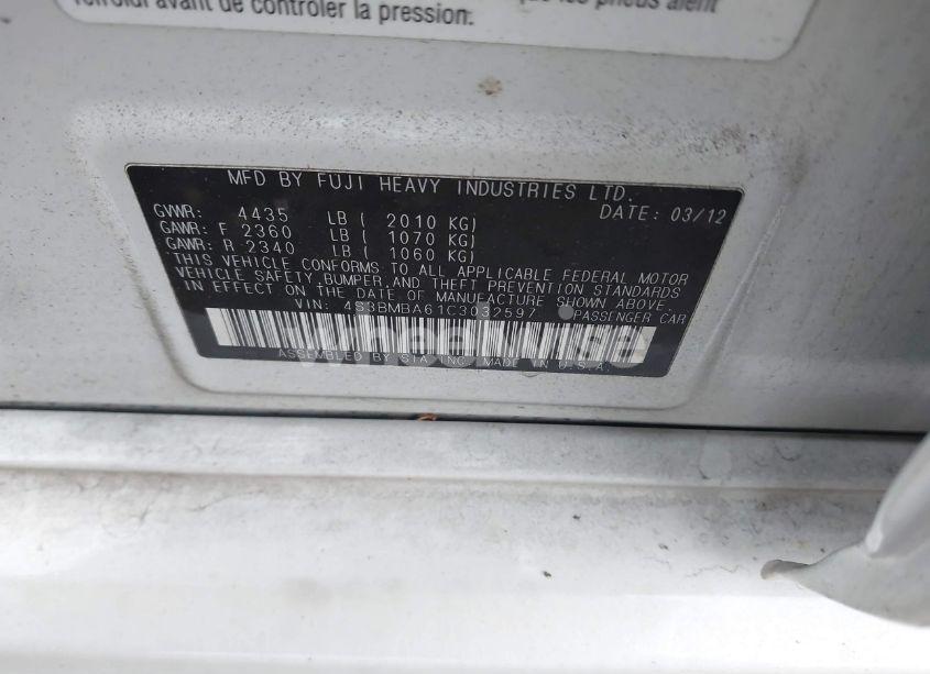 Photo 9 of 2012 Subaru Legacy 2.5I (VIN 4S3BMBA61C3032597)